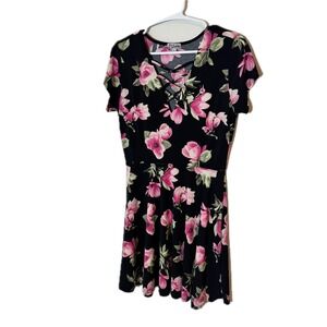 J for Justify Black Pink Floral Strappy V-Neck Fit & Flare Dress Large